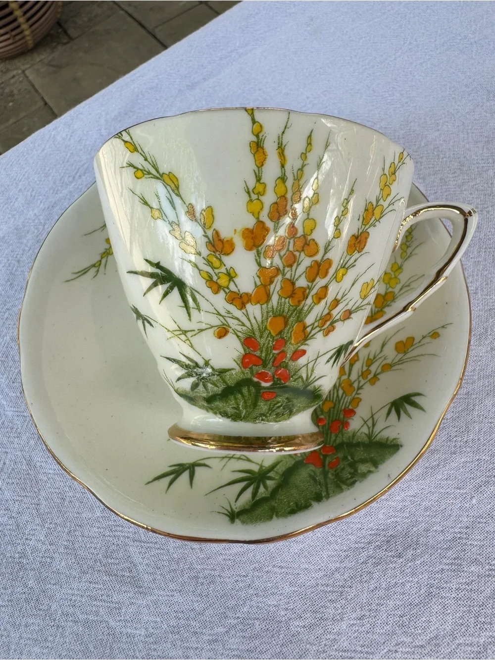 Vintage Royal Stafford Bone China Teacup & Saucer BROOM Pattern Made in England